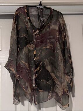 Tina Stephens Marble-Print Button Front Top in Olive & Plum